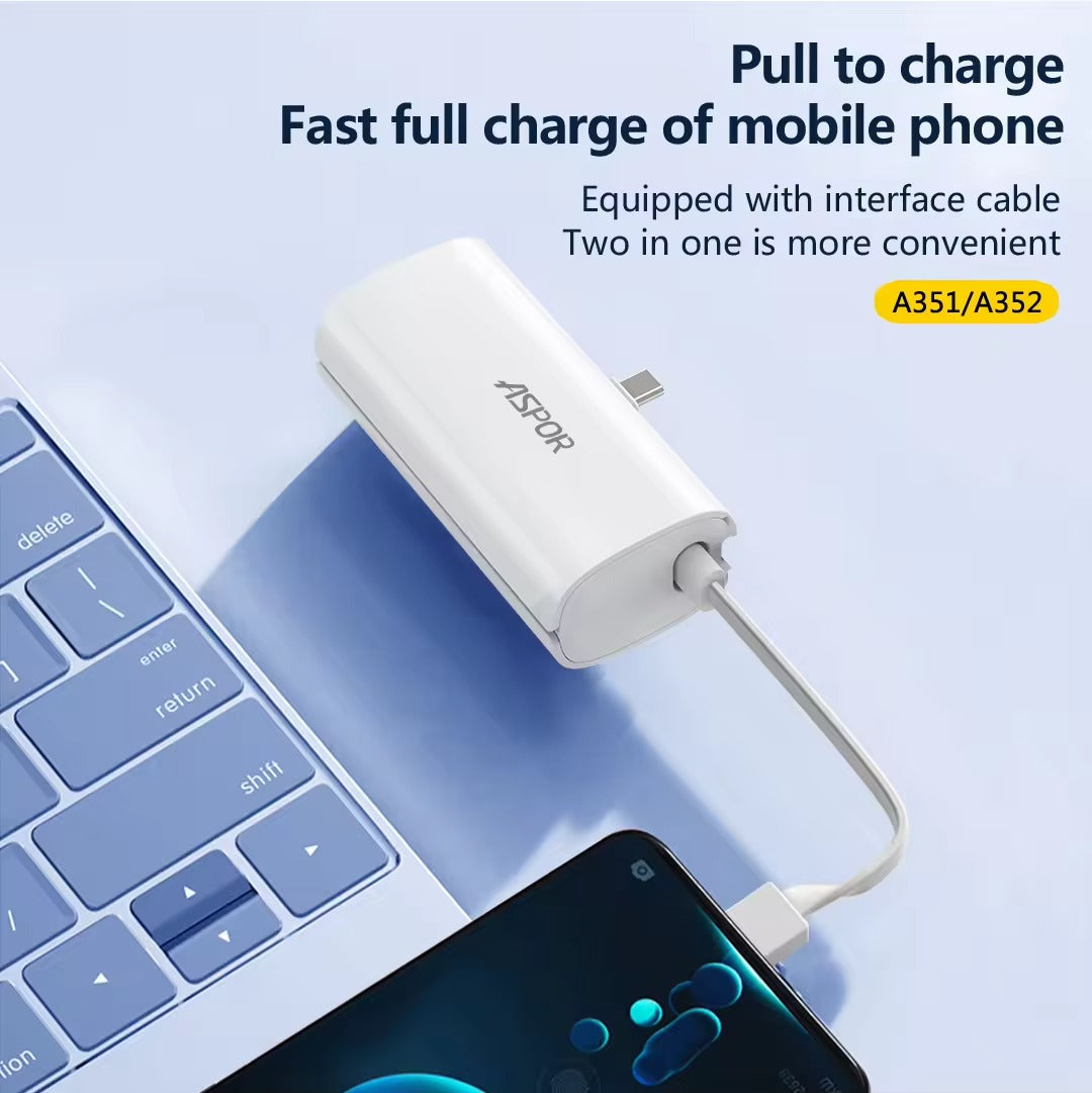 Aspor A352 5000mAh Mini Power Bank | Flexible Built-in Type-C
