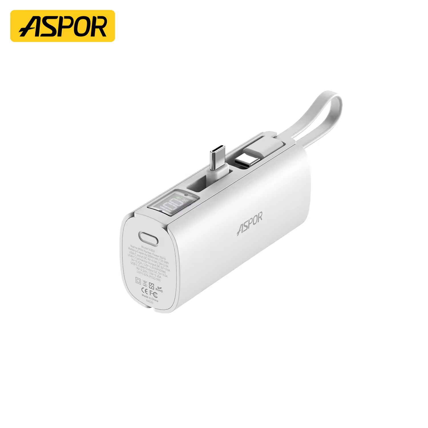 Aspor A352 5000mAh Mini Power Bank | Flexible Built-in Type-C