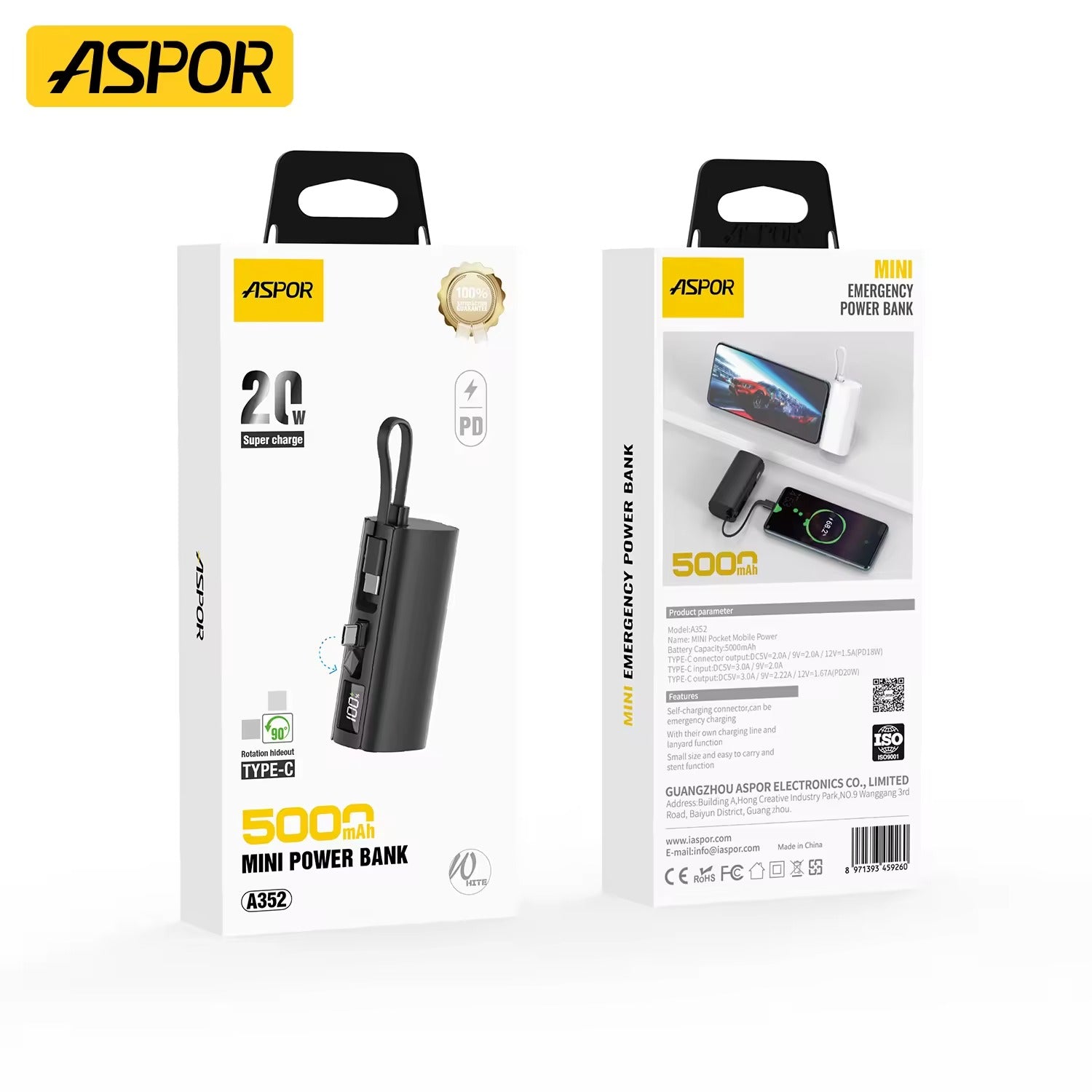 Aspor A352 5000mAh Mini Power Bank | Flexible Built-in Type-C