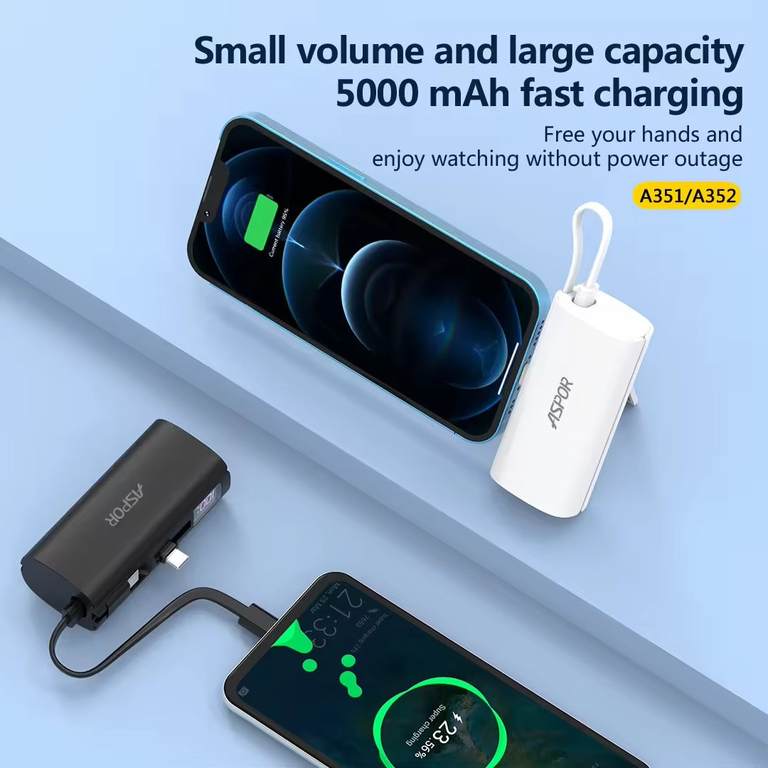 Aspor A352 5000mAh Mini Power Bank | Flexible Built-in Type-C