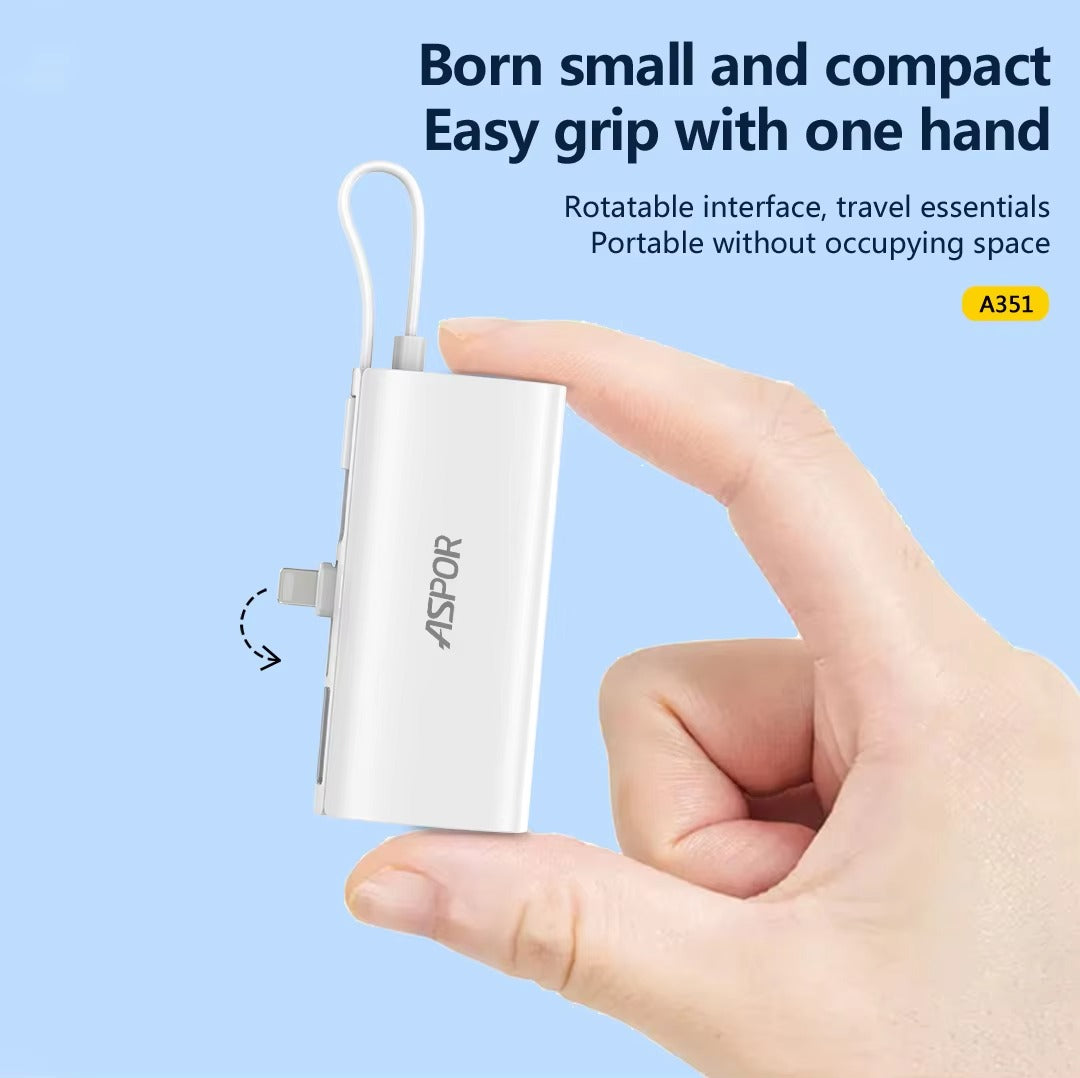 Aspor A352 5000mAh Mini Power Bank | Flexible Built-in Type-C